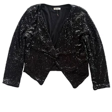 Rosette Women's M Black Sequin Long Sleeve Drape Open Front Cropped Blazer Party