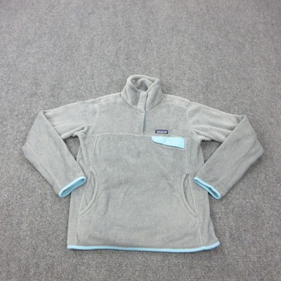Patagonia Fleece Pullover Womens Medium Gray Blue Trim Kangaroo Pocket Jacket