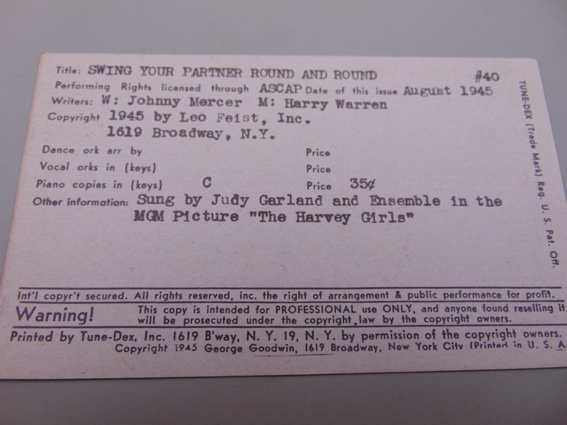 20+ Vintage TUNE-DEX Music Index Cards 1942-1945 ~ Movie Songs & Singers ~ NR