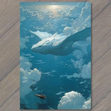 Art Print Surreal Whale Sunset Waves Ocean Village Boats White Clouds Art