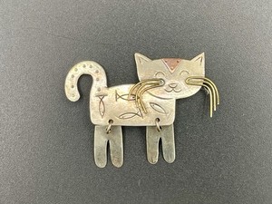 Vintage Folk Art Mixed-Metal Cat Brooch Sterling Silver Copper Brass Dangle Legs
