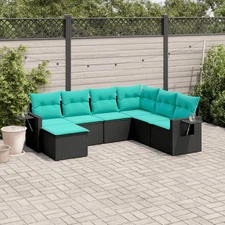 7 Piece Patio Sofa Set with Cushions Black Poly Rattan