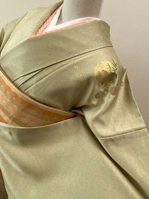 Kimono Beautiful hanging elegant green pure silk sash with beautiful ground patt