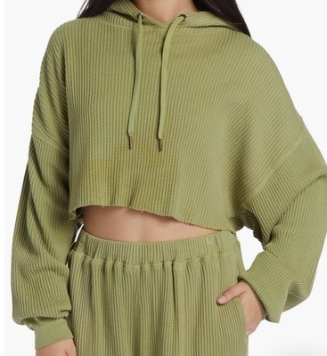 Roxy x Chloe Kim Off Duty Crop Hoodie Green Medium Collab Beach Skater Cozy