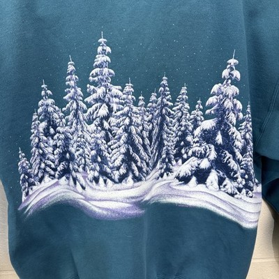 Vintage Signal Sport All Over Print Snow Forest Nature Sweatshirt XL Teal Blue