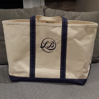 LL Bean Boat And Tote Natural & Navy Blue LARGE USA 17''x14''x7'' 8'' Handle ''LB''