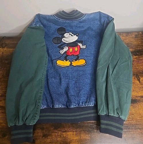 VTG 90s Genius DISNEY Mickey Mouse Denim Blue Green Snap Varsity Jacket M Cotton - Picture 2 of 11