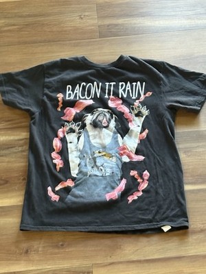Boys T-Shirt PUG DOG CATCHING BACON WEARING CAT SHIRT ''Bacon It Rain'' XL 14/6