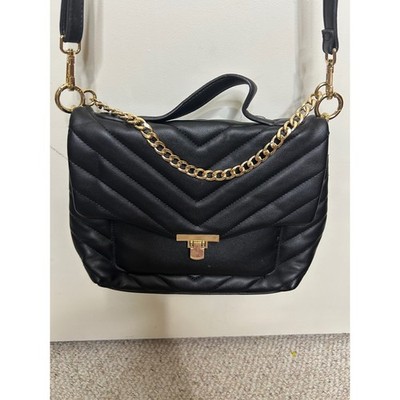 Black Quilted Crossbody Bag Gold Chain Accent Chevron Purse Handbag 12''x8''