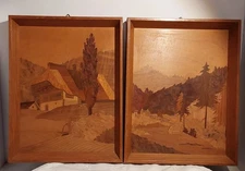 Set 2 Vintage German Inlaid Marquetry Wood Inlay Mountain/Alps by Paul Schaefer