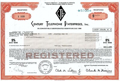 Century Telephone Enterprises Inc. (CTE), 1978, 9% Debenture due 1998 (5.000 $)