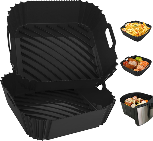 2 Pack Reusable Silicone Air Fryer Liners 7.1 in Air Fryer Basket Mat Tray Black