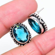 London Blue Topaz Gemstone 925 Sterling Silver Jewelry Stud Earring Size 0.75"