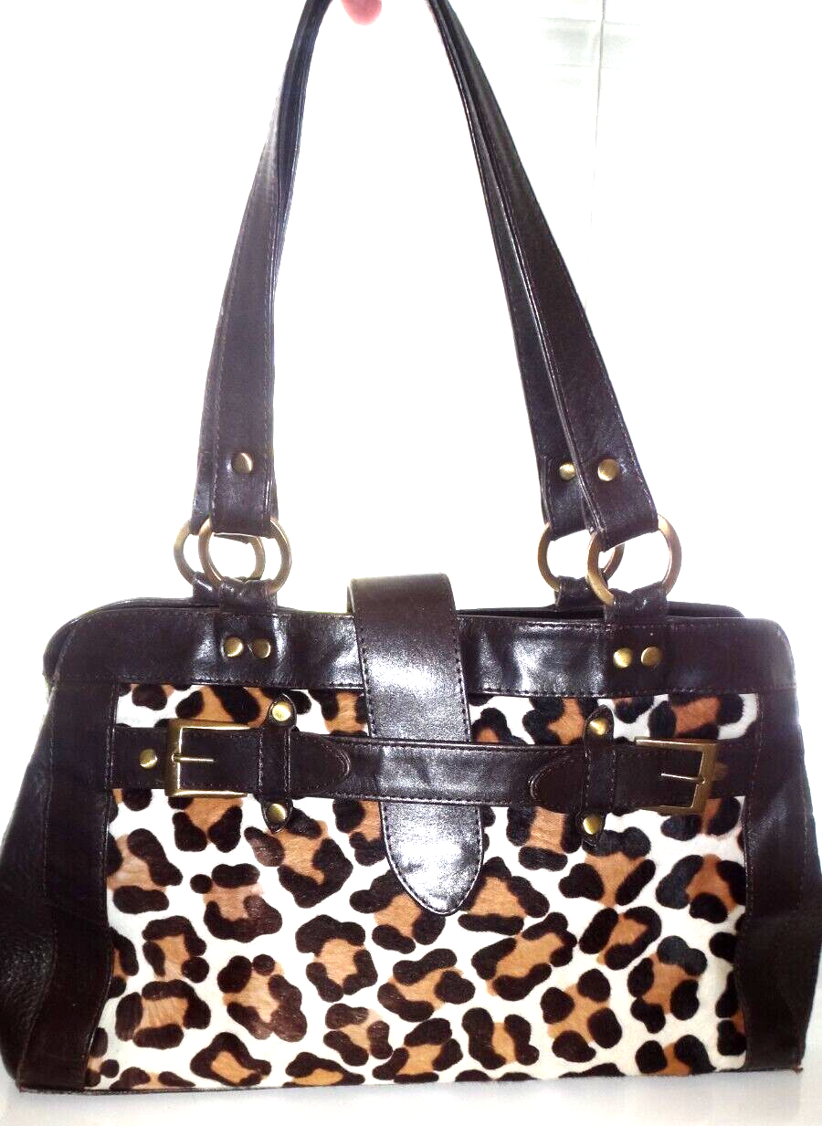 Borsa a tracolla Fab Designer pelle di pony e pelle stampa leopardata manico superiore