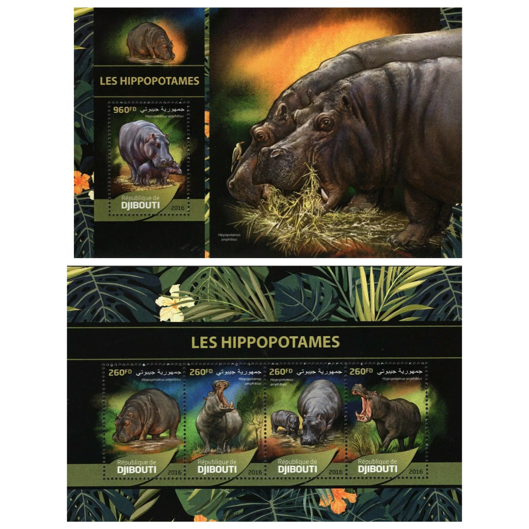 Hippopotamus Stamp Bundle of 2 Hippo Amphibious Souvenir Sheet MNH