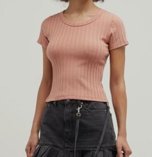  115 Mother Women's Beige Itty Bitty Tee Ribbed Scoop-Neck T-Shirt Top Size L