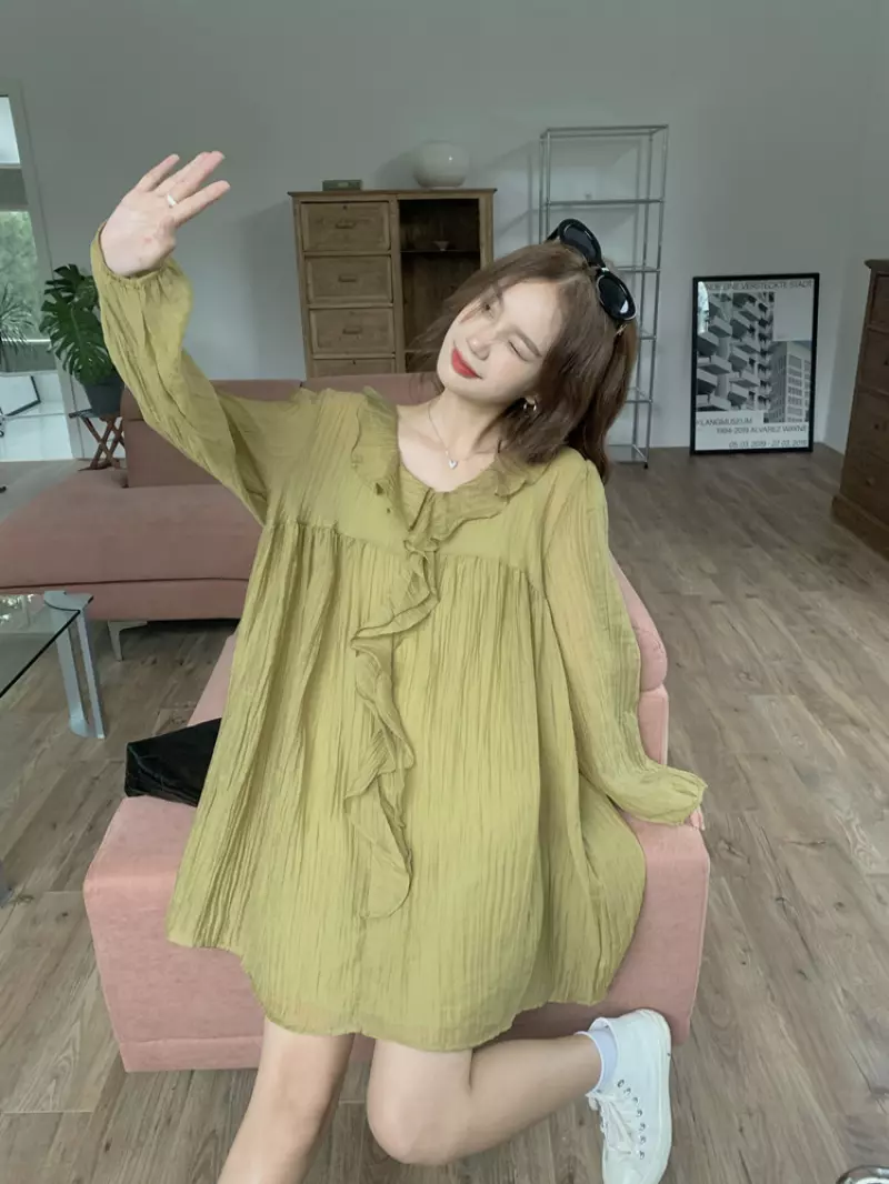 Women's Loose Casual Collar Ruffle Sunscreen Dress +