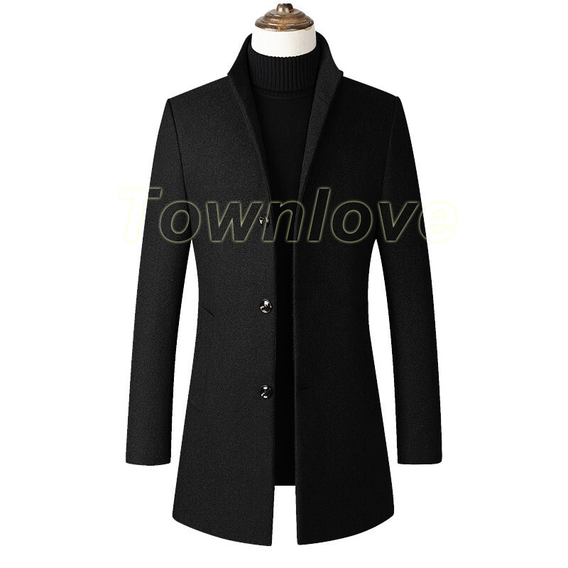 Men's Single Breasted Stand Collar Wool Blend Jacket Trench