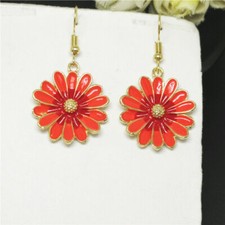 Cute New Yellow Gold Plated Red Enamel Flower Charm Hook Dangle Drop Earrings