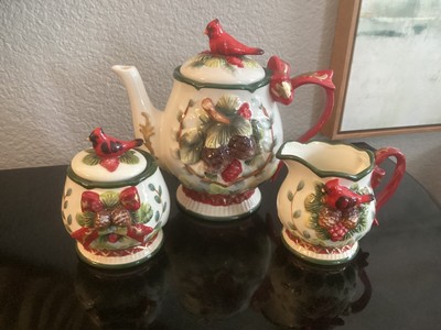 Ceramic Evergreen Red Cardinal Teapot, Sugar Bowl w/ Lid, & Creamer - 3 Pc Set