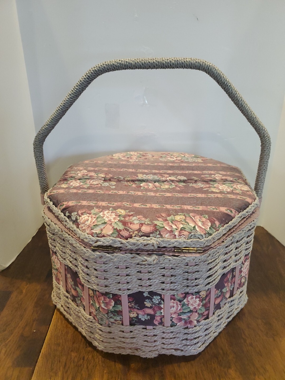 Vintage 1980s Large Octagon Sewing Box w Handle Wicker Dusty Rose/Blue Floral