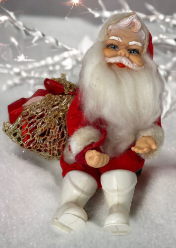 Vintage Old Sitting Santa Claus Doll Rubber Face 1950s Toy Bag - Afbeelding 1 van 9