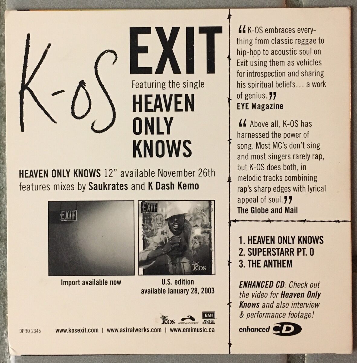 K-Os: Heaven Only Knows/Superstarr Pt. 0/The Anthem: CD Single K-Os: Heaven Only Knows/Superstarr Pt. 0/The Anthem: CD Single