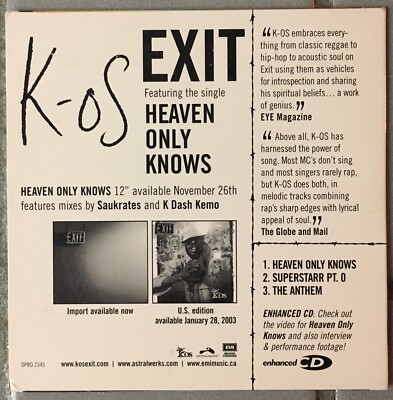 K-Os: Heaven Only Knows/Superstarr Pt. 0/The Anthem: CD Single K-Os: Heaven Only Knows/Superstarr Pt. 0/The Anthem: CD Single