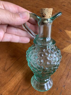 Miniature Bottle Embossed Grape Design Blue Green Glass 7  X 3  Bottle
