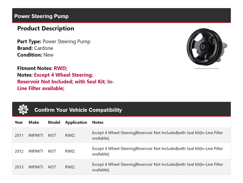 For 2011-2013 INFINITI M37 RWD Power Steering Pump Cardone 2012 - Image 2 of 4