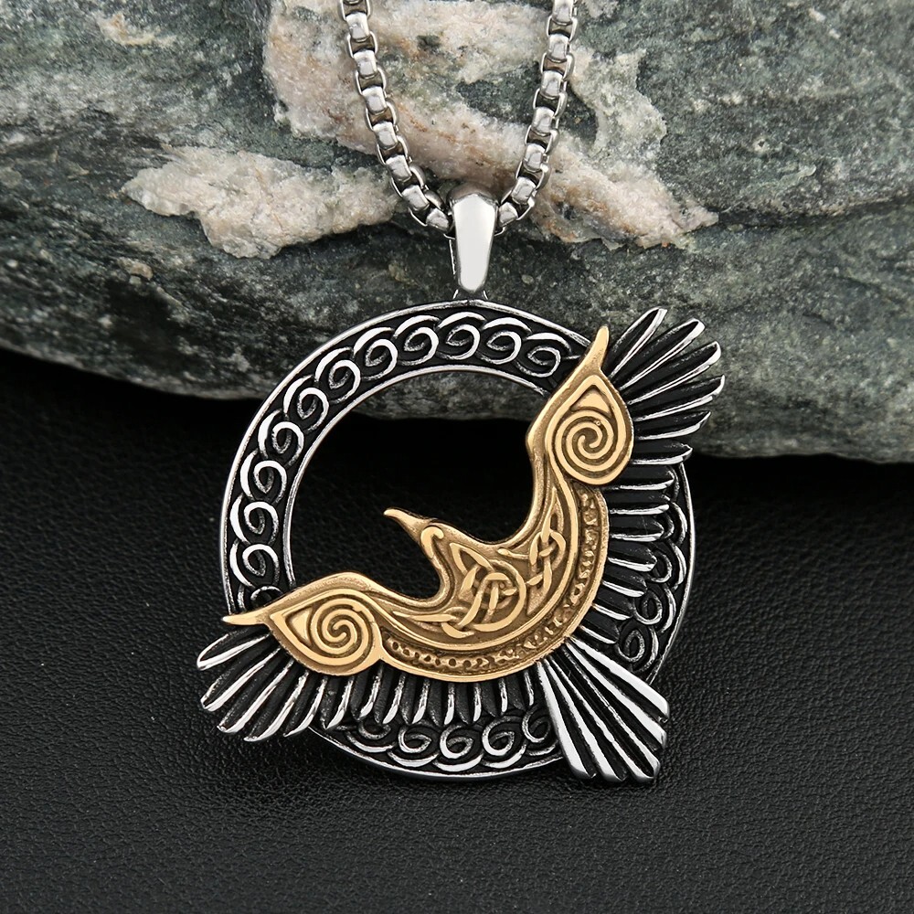 Norse Eagle Pendant Necklace Stainless Steel Gold Viking Odin Raven Amulet Gifts