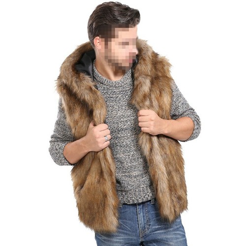 Mens Hooded Faux Fur Vest Western style 