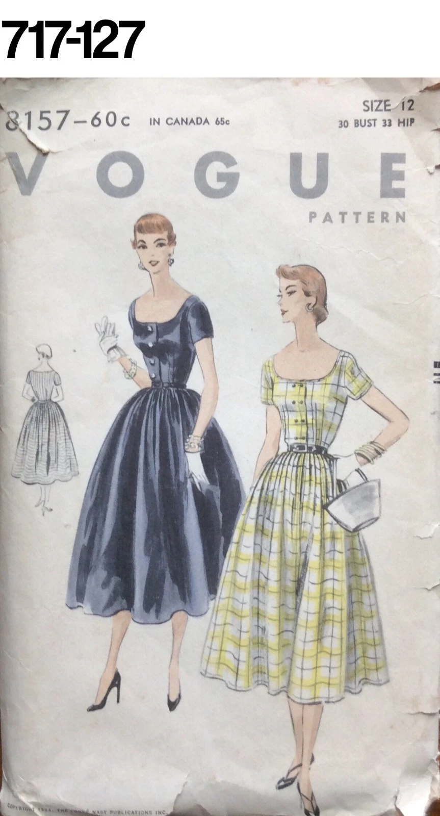 VTG Sewing Pattern Vogue #8157 Size 12 Bust 30 Hip 33 Dress Full Skirt 1954