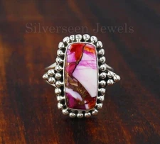 Kingman Pink Dahlia Turquoise Ring Handmade 925 Sterling Silver Jewelry For Her