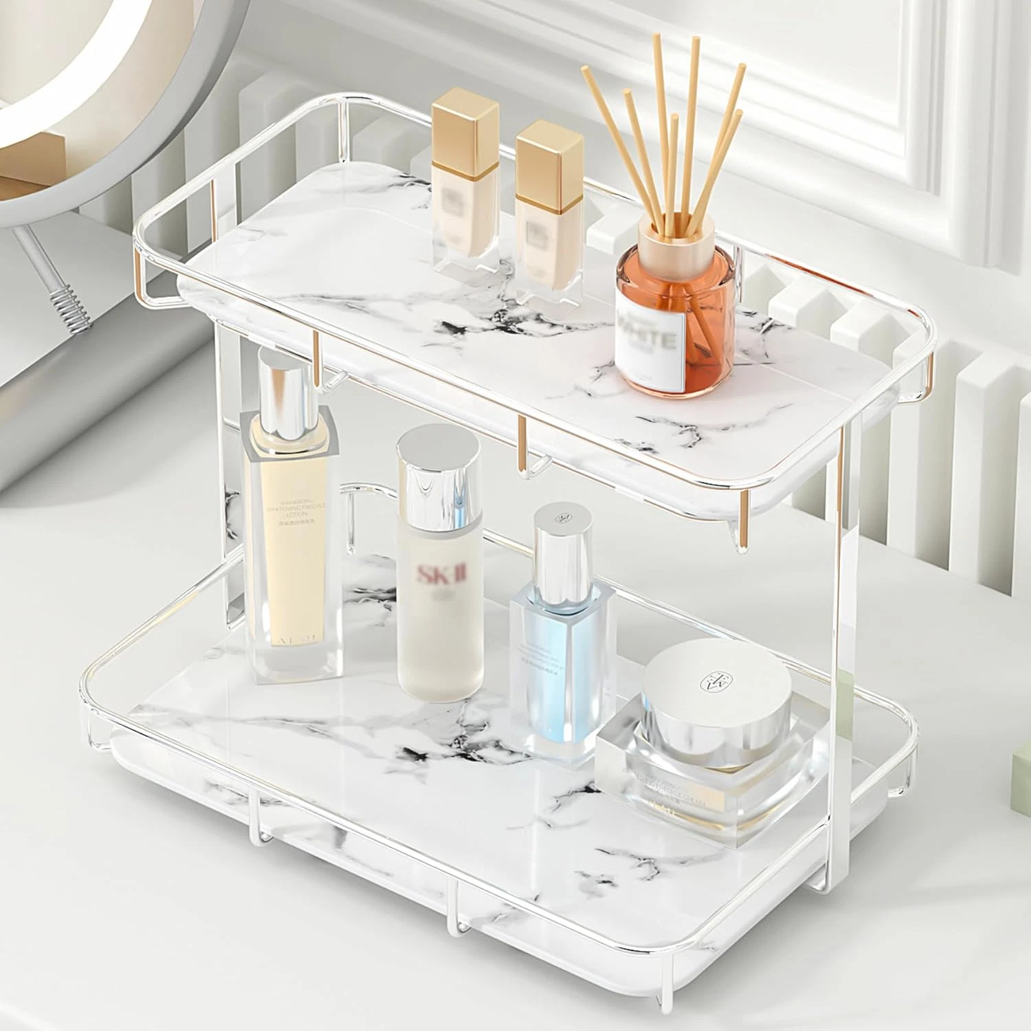 Elegant Gold & White Marble Bathroom Organizer for Perfume & Makeup Storage