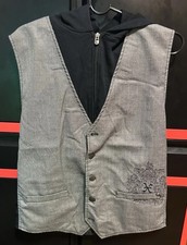 Men s Gray Button Front Formal Vest Waistcoat w/ Black Hood Striped Back XIOS