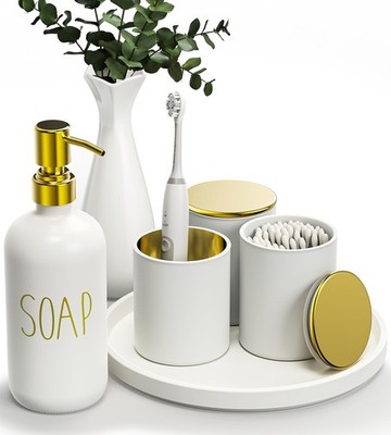 White Bathroom Accessories Set with Tray, 6pcs White and Gold Bathroom Access...