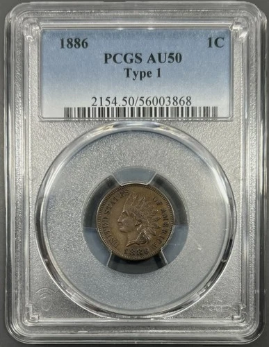 1886 Type 1 PCGS AU50 Indian Head Cent 1c - Circulated Original
