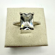Sterling Silver Solitaire CZ Ring With Rectangular Clear Gemstone Engagement Sty