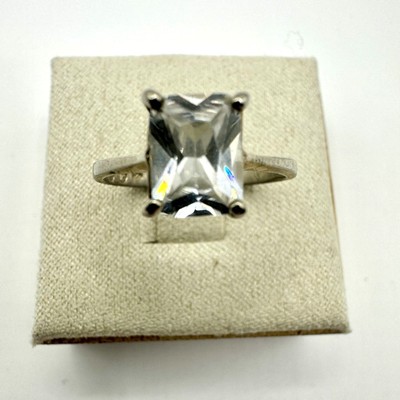 Sterling Silver Solitaire CZ Ring With Rectangular Clear Gemstone Engagement Sty