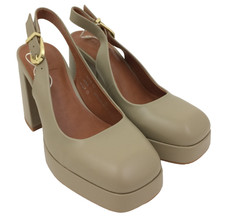 M&S Women's Slingback Platform Heels Beige Chunky Block Buckle Square Toes New