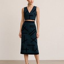 Vintage Chanel AW 1998 Wool Silk Velvet Midi Skirt Crop Tank Top Set 36 Black