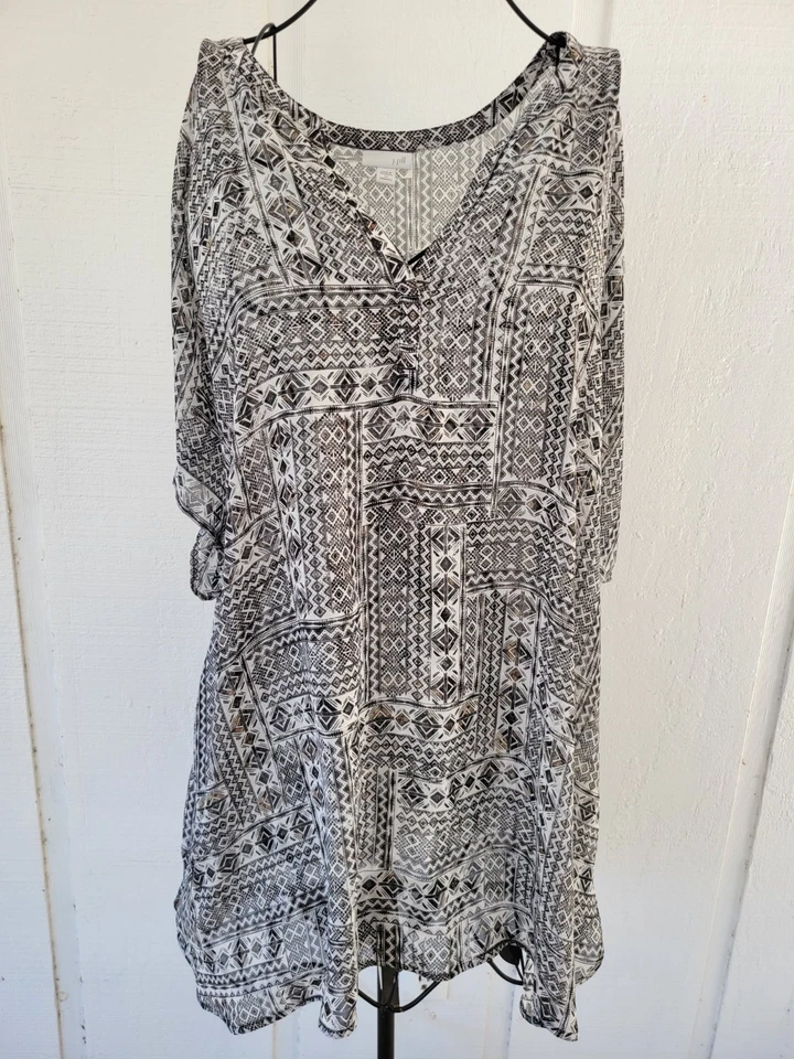 J Jill Size 4X Tunic Top Black White Blouse BOHO Aztec Sheer Chiffon Shirt - Image 2 of 4