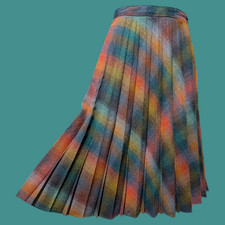VTG 70s DARK RAINBOW PLAID SKIRT wool double pleated midi 24"w fits XS Cl