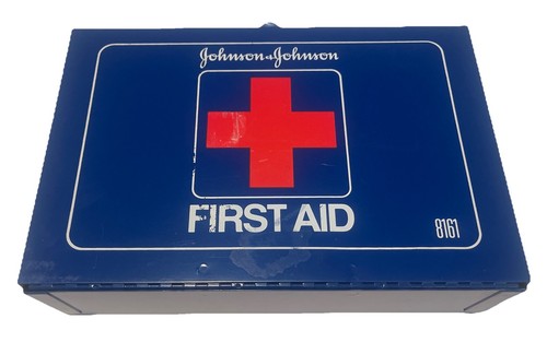 Kit pronto soccorso Johnson & Johnson vintage da parete scatola metallo blu 8161 blu - Foto 1 di 12