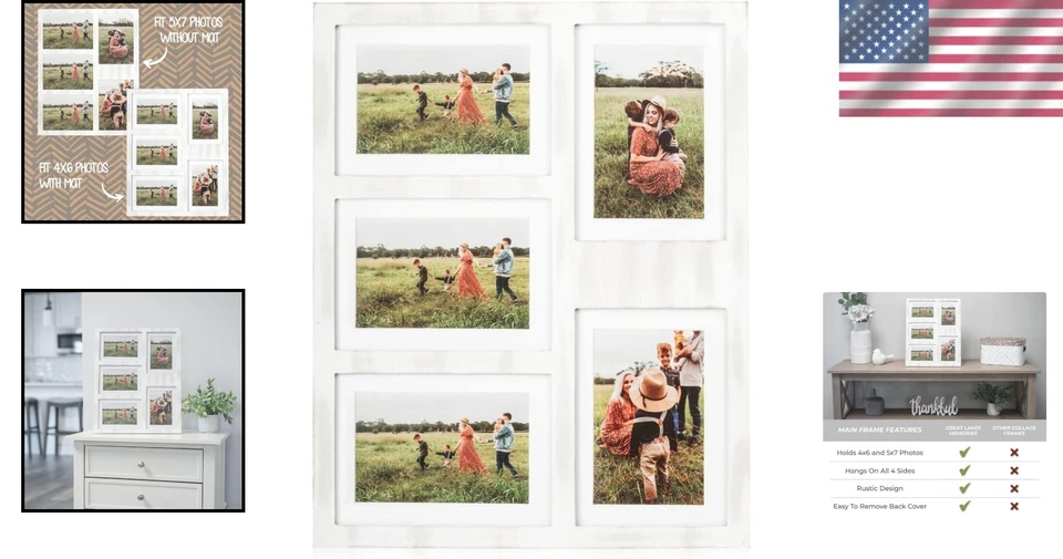 Charming 5-Photo Collage Frame - Rustic Farmhouse Decor for 4x6 & 5x7 Pictures - Image 2 of 4