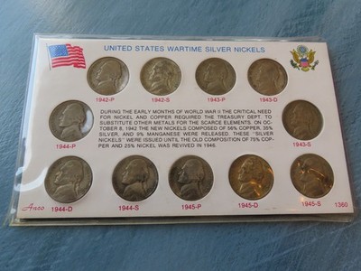 US WARTIME SILVER NICKELS SET - 11 COINS in DISPLAY CARD- 1942