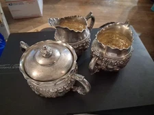 Vtg James W Tufts Quad Silverplated Creamer, Sugar, Slop Bowl Set