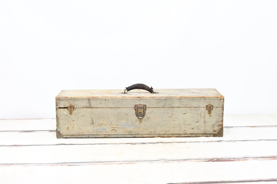 Antq Carpenters Box Antique Wood Toolbox Greenish Gray Wood Trunk Leather Handle - Image 2 of 4
