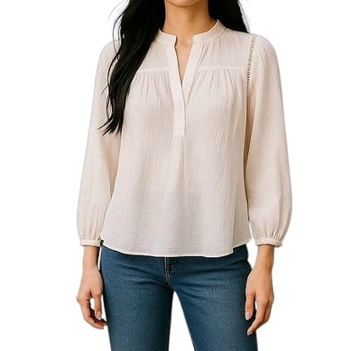 Loft Blouse Size S Ivory Gauze Ruffled Split Neck Cut Outs Long Sleeve New